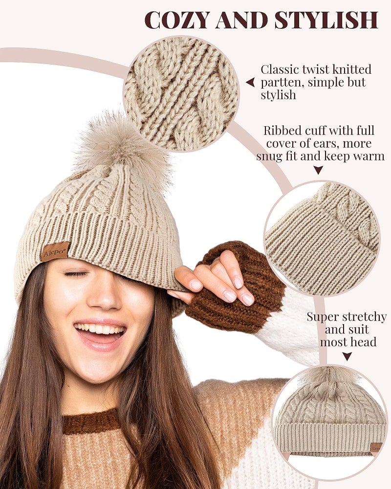 Alepo Womens Winter Beanie Hat, Warm Fleece Lined Knitted Soft Ski Cuff Cap with Pom Pom(Beige) - Image 4